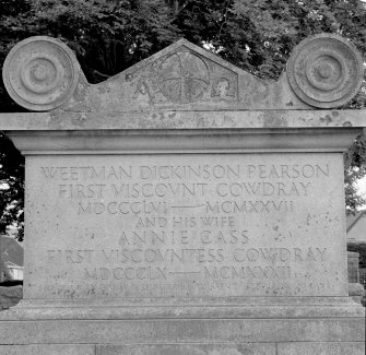 Detail of inscription "Weetman Dickinson Pearson. First Viscount Cowdray. MDCCCLVI-MCMXXVII. and his wife. Annie Cass. First Viscountess Cowdray. MDCCCLX-MCMXXXII. She Died in Paris & is Buried at Saint Germaine en Laye""