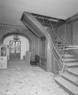 Interior, view of staircase hall from West showing Jansen designed interior