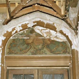 Interior, detail of painted tympanum over entrance door