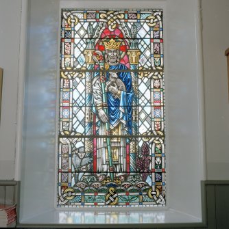Interior.
Detail of stained glass by A L Russel in memoory of Rev J Kirkland Cameron depicting Christ the good shepherd.
