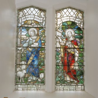 Interior.
Detail of stained glass in memory of Rev W M Inglis depicting Christ as the good shepherd and Light of the world.
