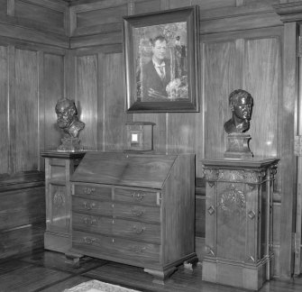 Interior, detail of gallery writing bureau and Hornel self portrait
