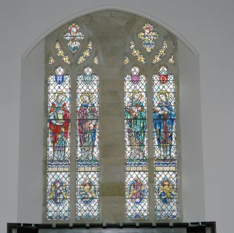 Interior, detail of W stained glass window depicting The 4 Apostles