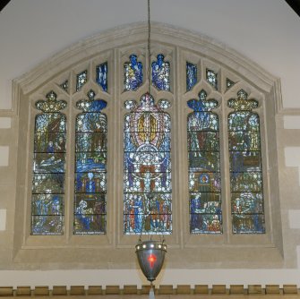 Interior, detail of E chancel stained glass window The Kerr Memorial by Gordon Webster 1936
