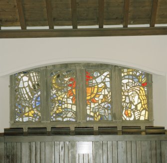 Interior, detail of S aisle stained glass window by Sadie McLellan