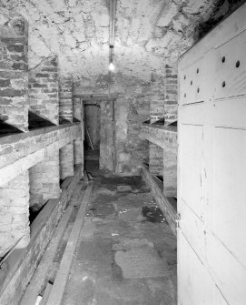 Interior. Basement View of vaulted wine cellar with brick bins from SW