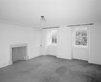 Interior. Lower ground floor View of dining room from NE with fireplace installed by David Somervell
