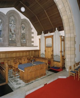 Interior, detail of chancel and organ from NE.