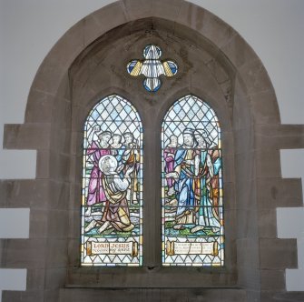 Interior, detail of E wall stained glass window memorial to Rev R Gardner c.1956