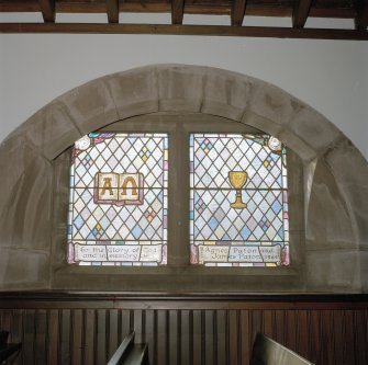 Interior, detail of W aisle stained glass window memorial to Agnes and James Paton 1964