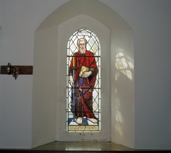 Interior, detail of resited stained glass window c.1865 in entrance hall.