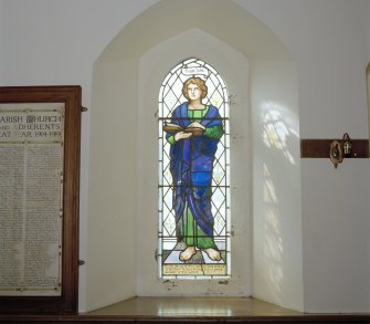 Interior, detail of resited stained glass window memorial to Rev R Young in entrance hall.