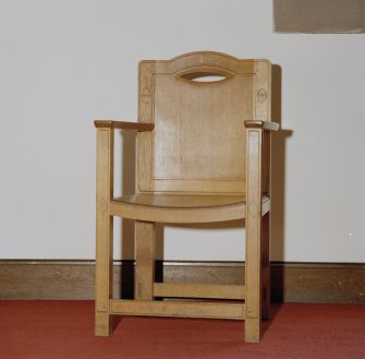 Interior, detail of elder's chair possible attribution to Charles Rennie Mackintosh