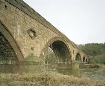 Oblique view from W of SW side of bridge, showing triangular cutwaters and decorative oculi