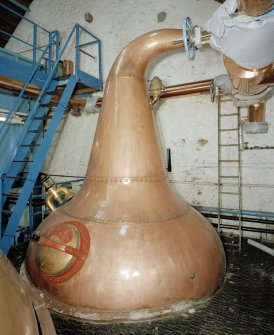 Interior. Still House, detailed view of disused riveted copper pot still, situated at the end of the still house beyond the Wash and Low Wines stills