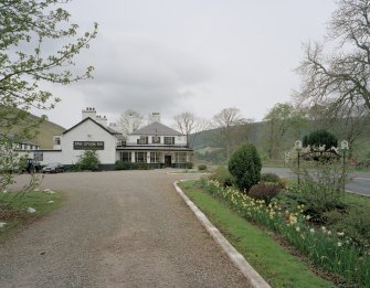 View from SSW showing main entrance and 1930's 'Crook Hotel' sign attributed to Thomas Haddon and Company.
