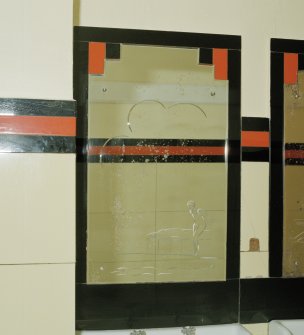 Interior.
Gentlemen's toilet, detail of etched mirror with diving design.