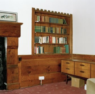 Interior. Ground floor Detail of common room bookcase