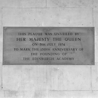 Main block, portico, detail of commemorative plaque (150th anniversary)