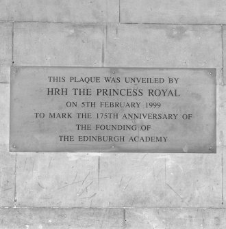 Main block, portico, detail of commemorative plaque (175th anniversary)