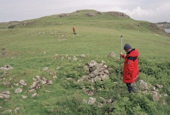 Muck, Caisteal an Duin Bhain. Buildings and huts (NM 4217 7867) and buildings (NM 4215 7870). Survey in progress (Ian Parker and Steve Boyle).