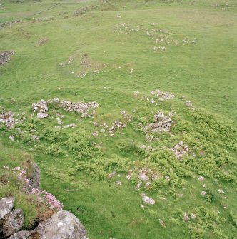 Muck, Caisteal an Duin Bhain. Buildings and huts (NM 4217 7867) and buildings (NM 4215 7870). View from S.