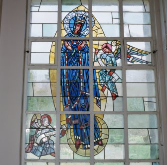 Interior, detail of stained glass in chapel