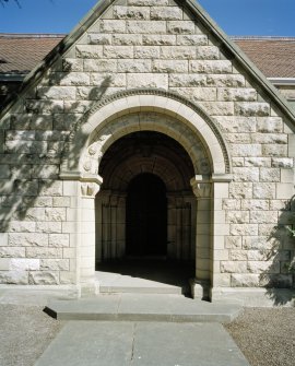 Detail of S porch entrance designed by R S Lorimer.
