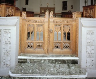 Interior.
Detail of chancel screen gates by H O Tarbolton, carved by Scott Morton.