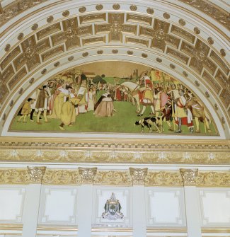 Interior. Second Floor Banqueting Hall, East wall lunette "GRANTING OF GLASGOW'S CHARTER BY WILLIAM THE LION" by G Henry