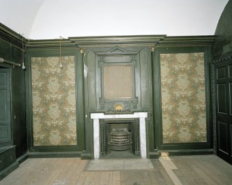 Interior. 1st floor. View of green/grisaille bedroom from NW
