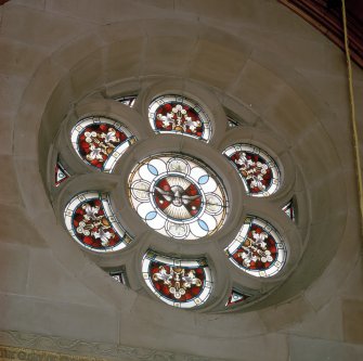 Interior. Detail of rose window on North wall