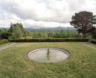 View of South garden from North from the first floor balcony showing the fountain pool and the panoramic views