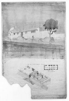 Photographic copy of plans and perspective sketch showing reconditioning of offices and alterations to power station for the Thurso & District Electric Supply Company Ltd.
