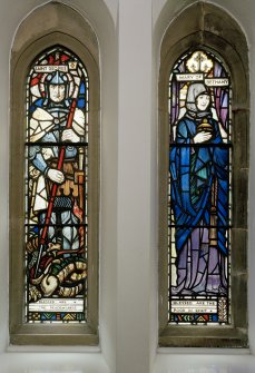 Detail of stained glass in South aisle by Guthrie and Wells, one signed by Charles L Davidson  depicting the Beatitudes c. 1927