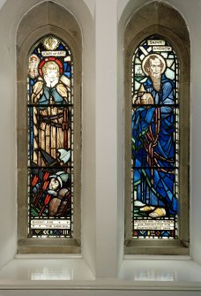 Detail of stained glass in South aisle by Guthrie and Wells, one signed by Charles L Davidson  depicting the Beatitudes c. 1927