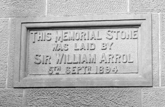 Detail of date plaque inscribed" THIS MEMORIAL STONE WAS LAID BY SIR WILLIAM ARROL 5th SEPT 1894"