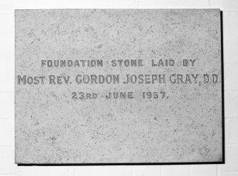 Detail of foundation stone inscribed "FOUNDATION STONE LAID BY MOST REV. GORDON JOSEPH GRAY, DD. 23rd JUNE 1957"