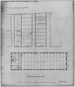 Photographic copy of plan of Ground Floor.
Titled: 'Plan of C.J. Turcan & Co's Premises' 'Manderston Street, Leith' 'No.1' 'Ground Floor Plan of Stores' 'Thomas P Marwick, Architect, 29 York Place, Edinburgh, Dec. 1894'.
Lithograph.