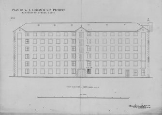 Photographic copy of  Front Elevation of North Block.
Titled: 'Plan of C.J. Turcan & Co's Premises' 'Manderston Street, Leith' 'No.2' 'Front Elevation of North Block (to lane)' 'Thomas P Marwick, Architect, 29 York Place, Edinburgh, Dec. 1894'.
Lithograph.