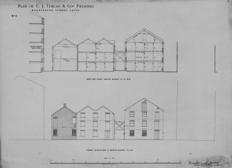 Photographic copy of Front Elevation and Section of South Block.
Titled: 'Plan of C.J. Turcan & Co's Premises' 'Manderston Street, Leith' 'No.4' 'Section thro South Block on line B.B' 'Front Elevation of South Block (to lane)' 'Thomas P Marwick, Architect, 29 York Place, Edinburgh, Dec. 1894'.
Lithograph.