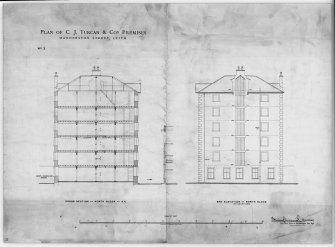 Photographic copy of plan of end Elevation and Cross Section of North Block.
Titled: 'Plan of C.J. Turcan & Co's Premises' 'Manderston Street, Leith' 'No.3' 'Cross Section of North Block at A.A.' 'End Elevation of North Block (to courtyard)'. 'Thomas P. Marwick, Architect, 29 York Place, Edinburgh, Dec. 1894'.
Lithograph.