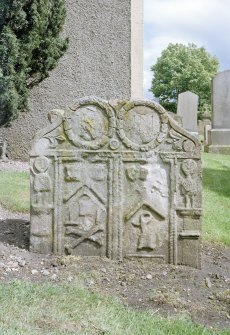 Churchyard, gravestone inscribed JM, detail