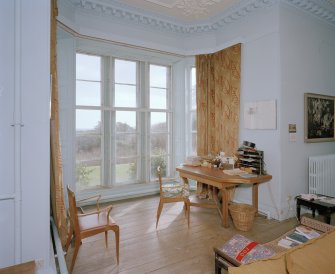 Drawing room, detail of bay window showing Lady Mitchison's work table.