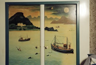 TV room, detail of painted cupboard depicting Carradale House and Lady Mithchison in a mystical landscape