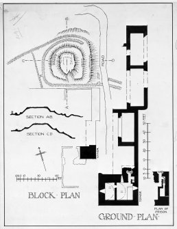 Photographic copy of drawing showing site, block, ground floor and prison plans with sections.