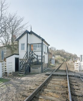 Inverness, Clachnaharry Station, Signal Box
A view of Clachnaharry signal box, looking down the railway track from the north-east.  Visible in the distance is the wrought iron lattice worked footbridge over the single tracked railway line.