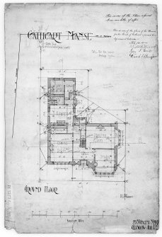 Glasgow, 115 Carmunnock Road, Church of Scotland Manse.
Photographic copy of drawing of plan.
Titled: 'Cathcart Manse' 'Ground floor' ' 225 St Vincent St. Glasgow. Aug.1902'
