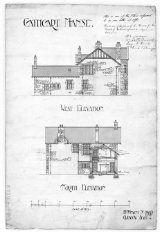 Glasgow, 115 Carmunnock Road, Church of Scotland Manse.
Photographic copy of drawing of elevations.
Titled: 'Cathcart Manse' 'West Elevation' 'North elevation' '225 St Vincent Street. Glasgow. Aug.1902'
