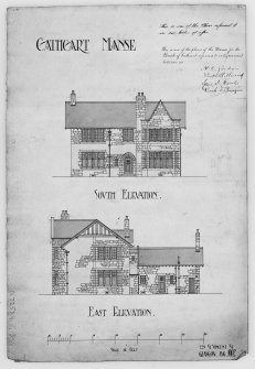 Glasgow, 115 Carmunnock Road, Church of Scotland Manse.
Photographic copy of drawing of elevations.
Titled: 'Cathcart Manse' 'South Elevation' 'East elevation' '225 St Vincent Street. Glasgow. Aug.1902'
